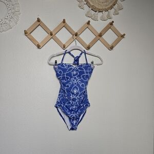 J. McLaughlin Blue Miki Halter Open Back One-Piece Halter Swimsuit Womens 6 EUC